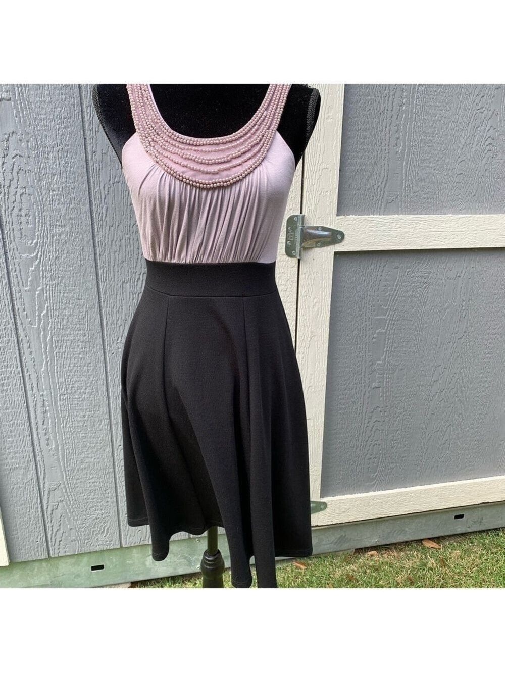 SOPRANO Black and taupe gray pearl embellished beaded fit and flare dress party